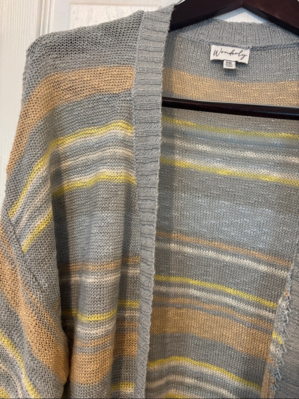Light Gray & Yellow Striped Long Open Cardigan with Fringe.SizeXXL great w/jeans - Picture 2 of 7